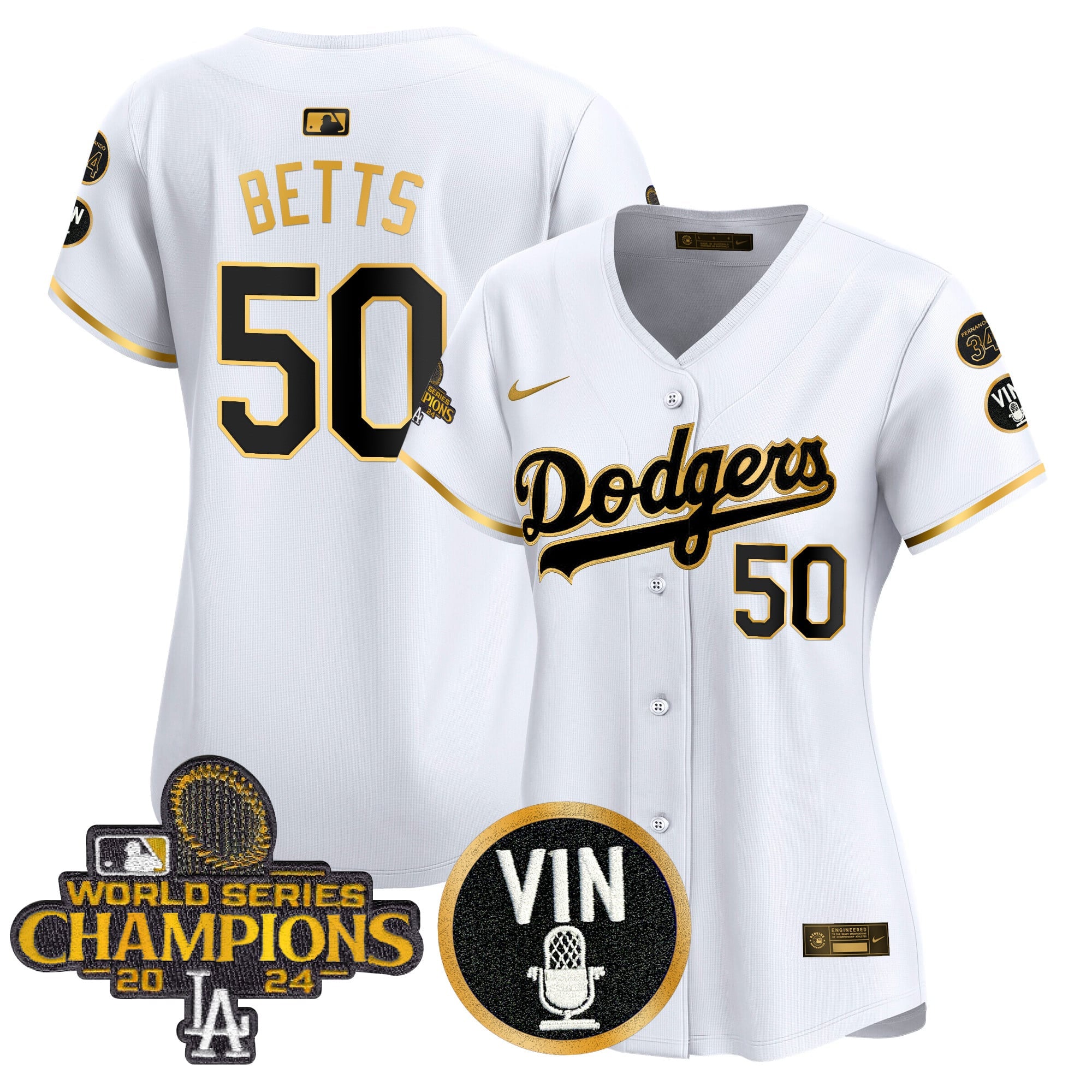 Women's Dodgers 2025 Vin Scully & #34 Fernando Patch Gold Vapor Premier Limited Jersey - All Stitched