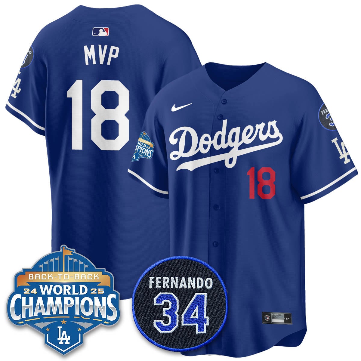 Los Angeles Dodgers 2025 Back To Back Champions Jersey - All Stitched